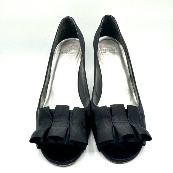 STUART WEITZMAN BLACK SATIN HEELS OPEN TOE HEELS RUFFLE DETAIL MADE IN SPAIN 9.5 - Picture 6 of 16